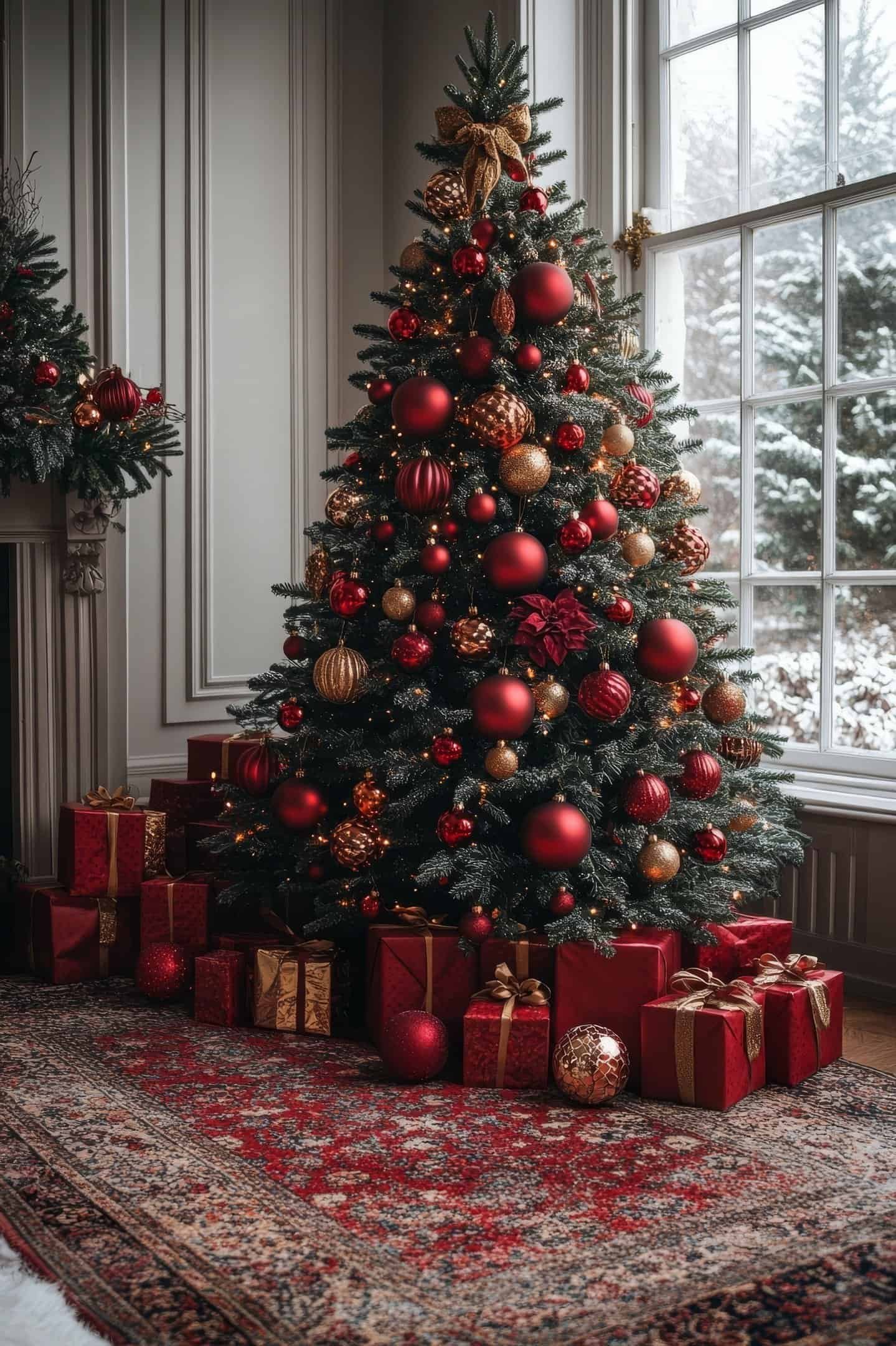 10 Modern Christmas Tree Decor Ideas 3 a christmas tree with red ornaments and presents