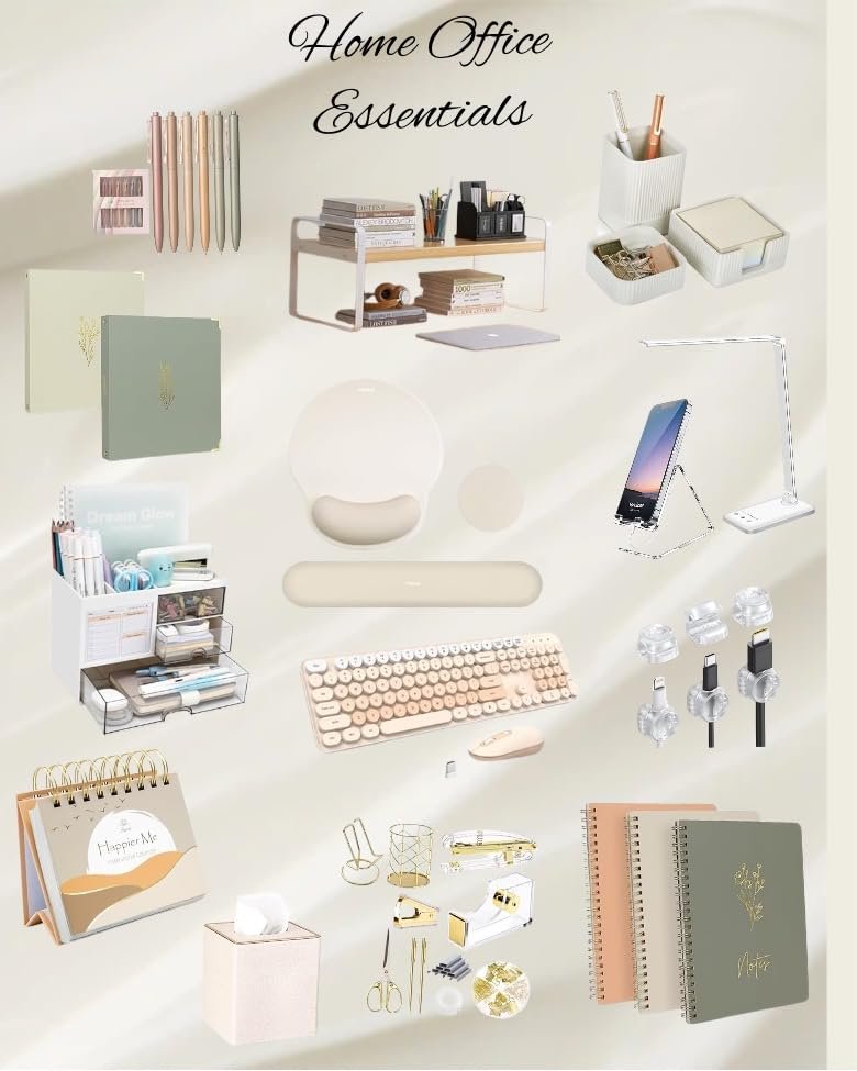 neutral and elegant home office essentials collage 