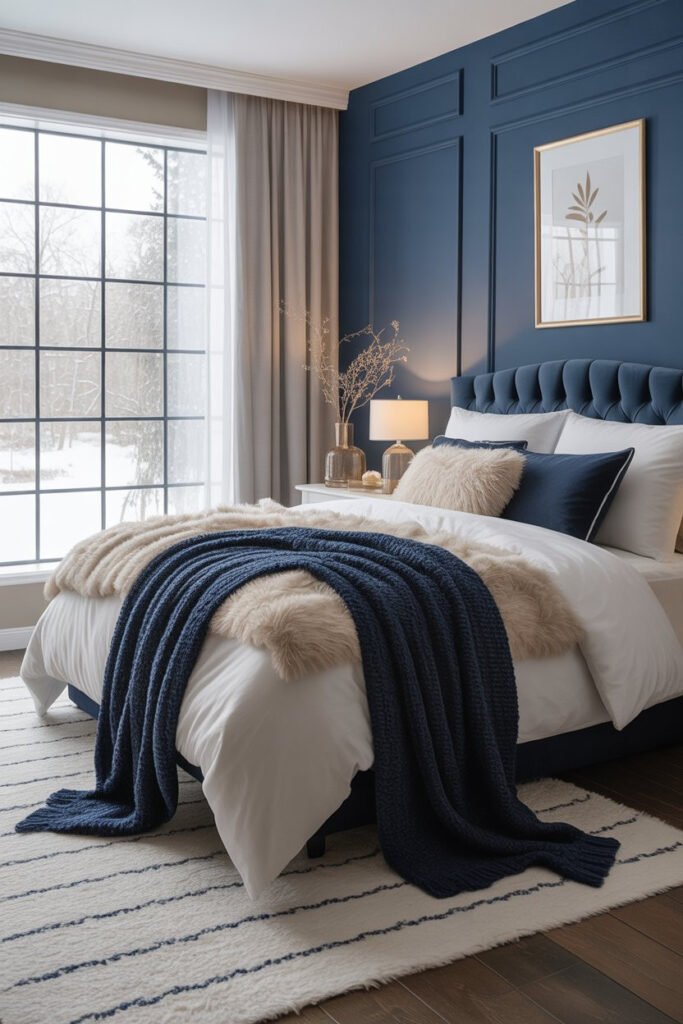 aesthetic cozy blue and neutral bedroom decor idea