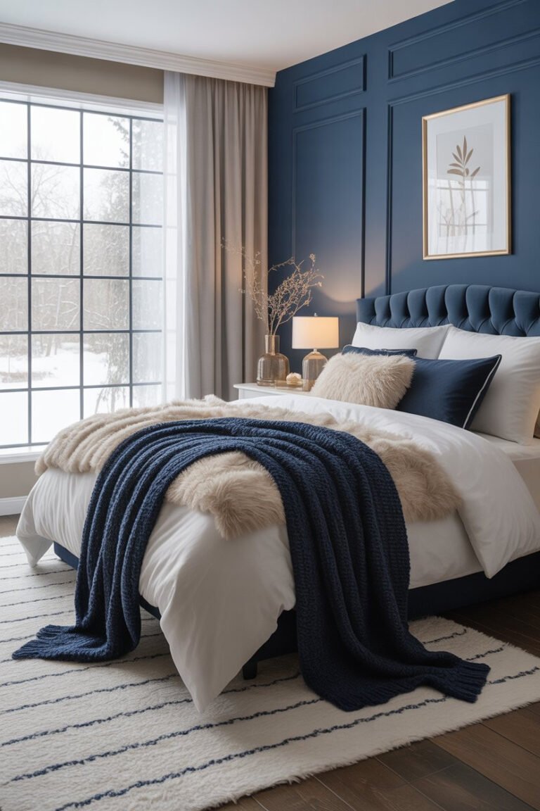 aesthetic cozy blue and neutral bedroom decor idea