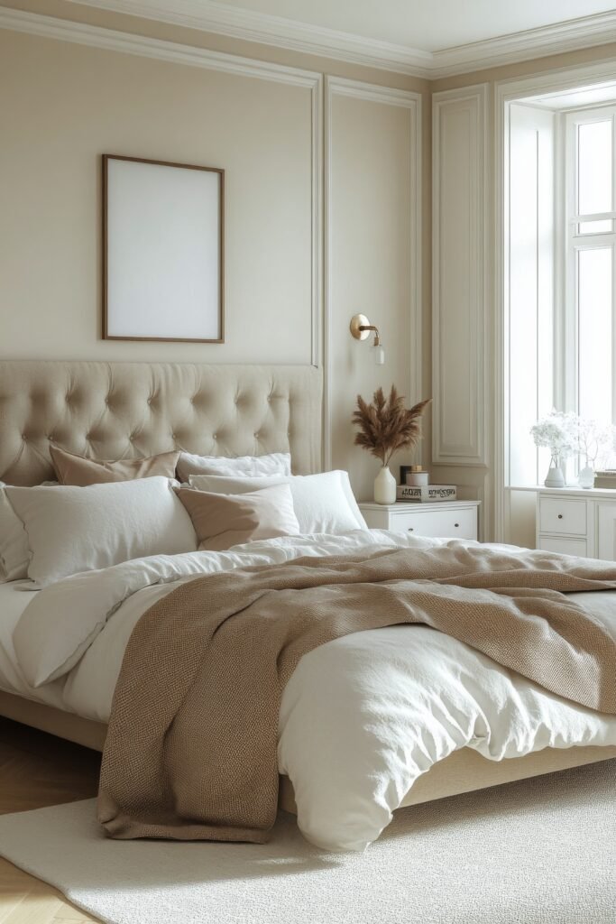 Cozy bedroom with neutral decor, soft linens, and natural light shining through the window aesthetic cozy neutral bedroom decor idea
